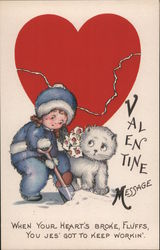 Girl with Kitten, Broken Heart in Background, Valentine Message Animals Postcard Postcard Postcard