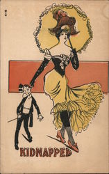 Lady in flapper dress with umbrella on her shoulder pulling a man in tuxedo by the ear. The caption Postcard