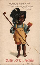 Child in a top hat holding a cane and flowers Postcard