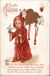 For My Loving Valentine, Girl holding hearts and white flowers Postcard