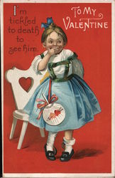 To My Valentine: I'm tickled to death to see him. Girl covering her mouth. Children Postcard Postcard Postcard