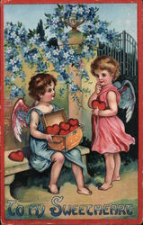 To My Sweetheart Two Cupids with a box of hearts, one sitting on a bench flowers and gate Postcard