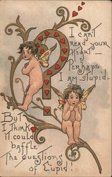 Two Cupids on a Limb Both looking sad- with a question mark Postcard Postcard Postcard