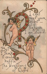 Two Cupids on a Limb Both looking sad with a question mark Postcard