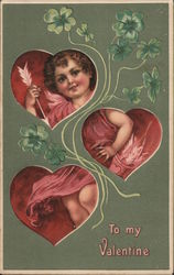 Cupid shown inside 3 hearts with green flowers Postcard