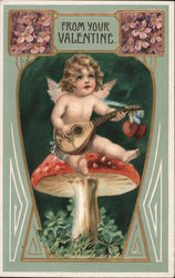 From Your Valentine Cupid sitting on mushroom playing Ukelele Postcard