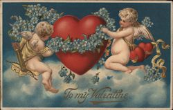To my Valentine Two Cupids putting blue flowers around a heart in the sky Postcard