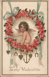 To My Valentine Cupid in Rose Wreath with anchor and heart pendants Postcard