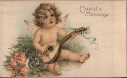 Silk Cupid's Message Cupid playing Ukalele Postcard