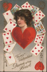 To my Valentine, Queen of my Heart-Woman's head above heart, surrounded by heart playing Cards Postcard