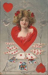 To my Valentine Queen of my Heart Woman's Head on Heart and Heart playing cards Postcard