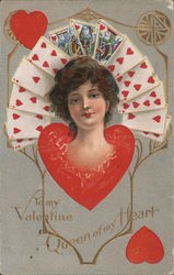 Woman's Head Appears from Heart, Hearts Playing Cards Behind, To My Valentine, Queen of my Heart Postcard