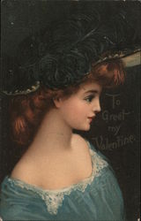 To Greet My Valentine - beautiful woman in fancy hat Postcard