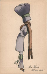 Woman in Fur Scarf: La Mode Hiver 1911 Hats Postcard Postcard Postcard