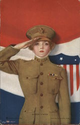 USA Saluting Female Dressed in Military Uniform Postcard