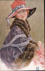 Woman in Pink Hat and Fur Trimmed Cape Postcard
