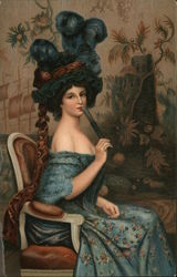 La Femme a L'eventail: Woman in Blue Feathered Hat Hats Postcard Postcard Postcard