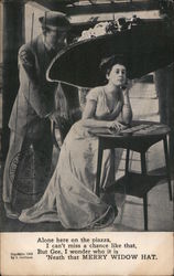 Woman Sits at Table in Large Hat, Man Pushes Her Chair In Postcard