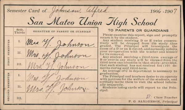 1907 San Mateo Union High School Semester Report Card California