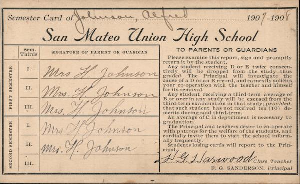 1908 Report Card of Senior Alfred Johnson San Mateo California