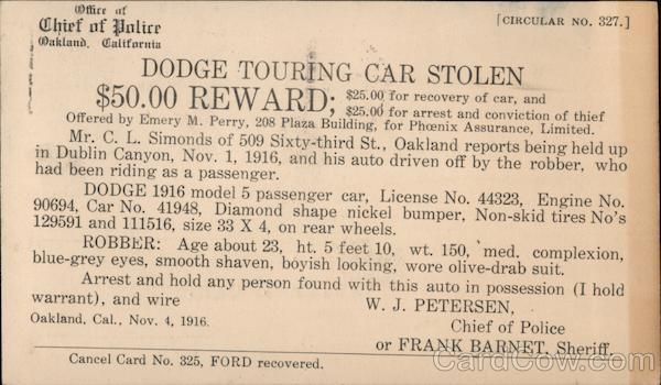 Office of the Chief of Police Correspondence Card Oakland California