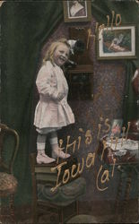 Girl Standing on Books to Answer the Phone - Hello? Postcard