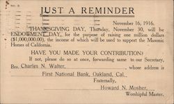 JUST A REMINDER Endowment Day Masonic Homes Of California Postcard