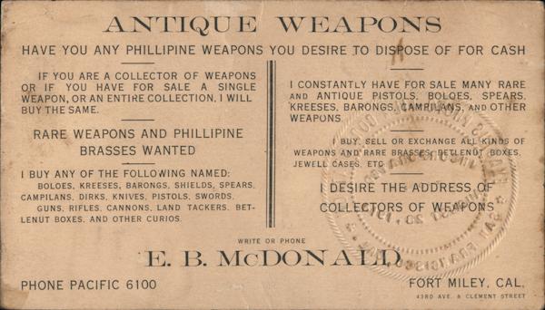 Antique Weapons Buyer E. B. McDonald Fort Miley San Francisco California