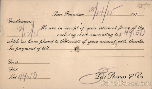 Receipt of Payment - Levi Strauss & Company San Francisco California