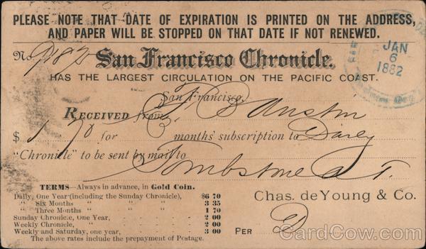 San Francisco Chronicle Subscription 1882 California Postcard