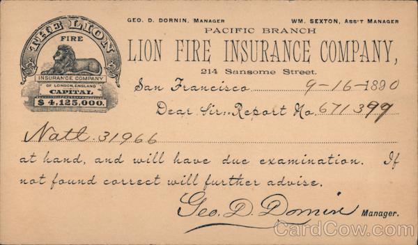 Pacific Branch, Lion Fire Insurance Company, Correspondence Card San Francisco California