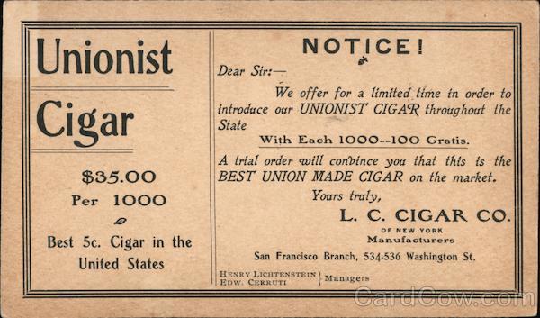 Unionist Cigar San Francisco California
