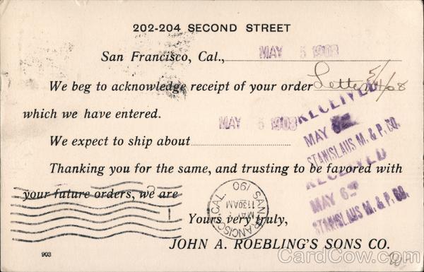 John A. Roebling's Sons Company Order Receipt San Francisco California