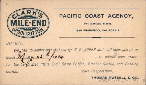 Thomas Russel & Co., Pacific Coast Agency, Correspondence Card San Francisco California