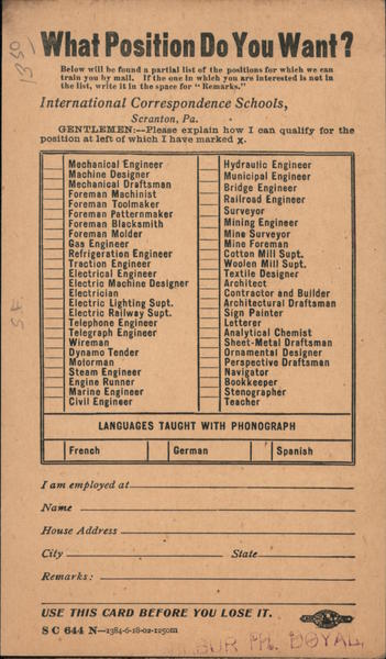 What Position Do You Want? International Correspondence Schools San Francisco Office California