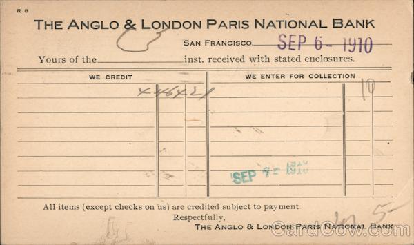 Anglo & London Paris National Bank San Francisco California