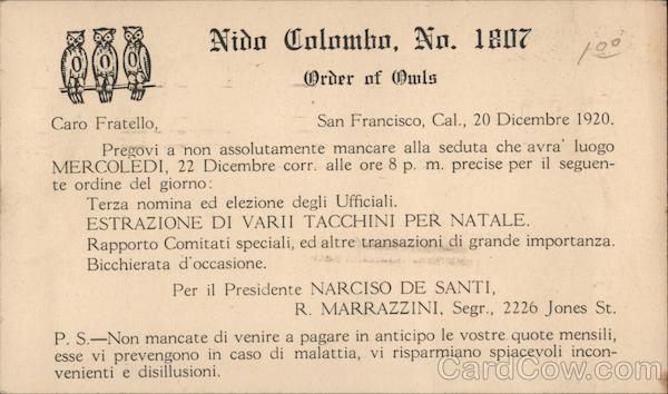 Order of Owls Nido Colombo, No. 1807 San Francisco California