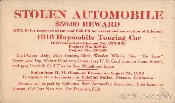 Stolen 1916 Hupmobile Touring Car San Francisco California