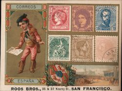 Roos Bro's Men's Boys' and Children's Clothing and Furnishing Goods. Correos Espana San Francisco, CA Trade Card Trade Card Trade Card