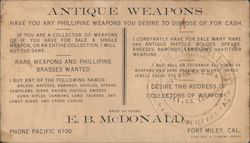 Antique Weapons Buyer E. B. McDonald Fort Miley Trade Card