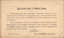 The New Jerusalem Society of San Francisco, Quarterly Meeting Notice Postcard