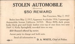 Apperson Stolen Automobile - $50 Reward Postcard