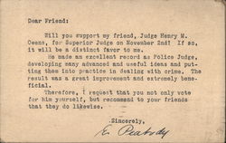 Election of Judge Henry M. Owens, For Superior Judge Postcard