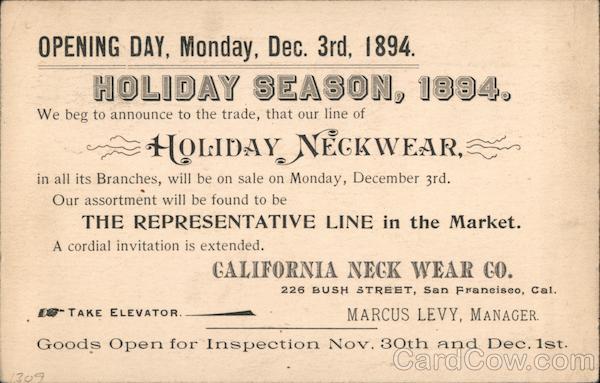 Opening Day Announcement, California Neck Wear Co. San Francisco