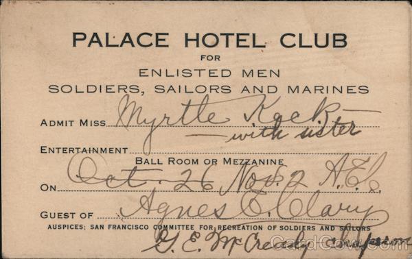 Palace Hotel Club for Enlisted Men Soldiers, Sailors and Marines San Francisco California