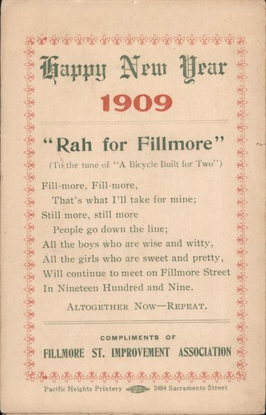 Happy New Year, Compliments of the Fillmore St. Improvement Association San Francisco California