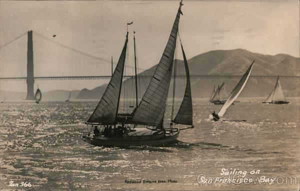 Sail Boats on San Francisco Bay with Golden Gate Bridge and Marin Headlands in Background California