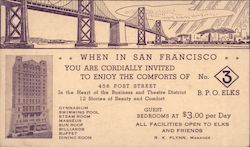 B.P.O. Elks 3 12 Story Club Golden Gate Bridge Postcard