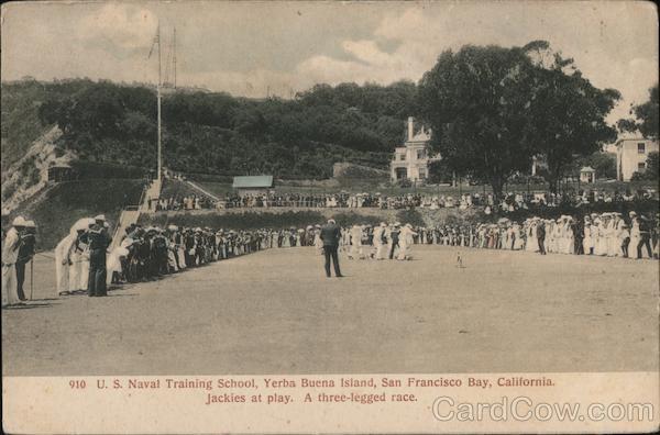 Naval Training School, Yerba Buena Island. Jackies at play. A three-legged race. San Francisco California