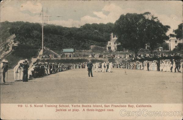 U.S. Naval Training School, Yerba Buena Island, Jackies at Play. A Three-Legged Race. San Francisco California